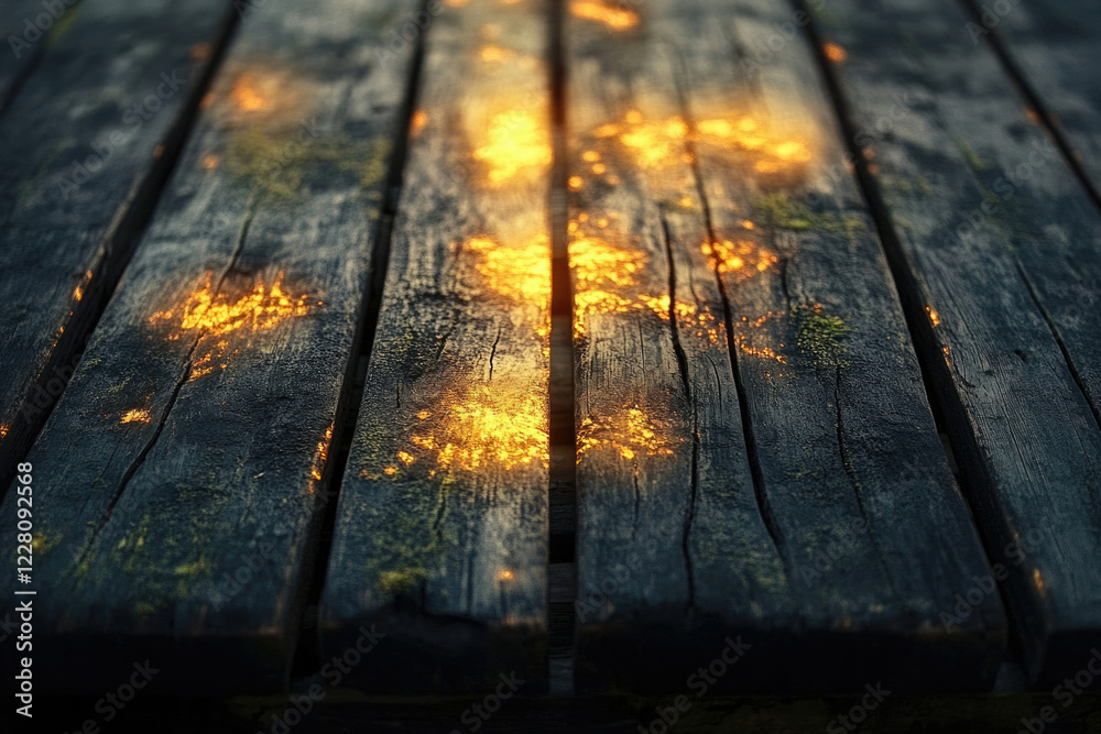 Golden sunlight illuminates weathered wooden planks, creating a warm, textured scene.