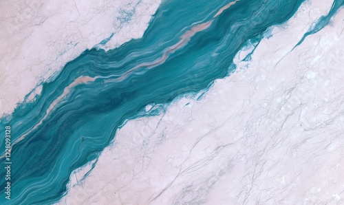 Aerial view of turquoise river flowing through ice