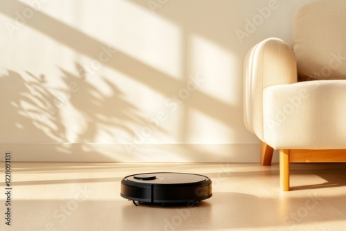 Smart Living Tech Minimalist Robotic Vacuum on Warm Wooden Floors - Urban Cleaning Solutions for Connected Homes and Enhanced Automation photo