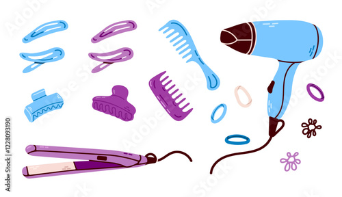 Hair Styling Tools Set. A modern flat-style illustration of hairstyling tools, including a hair dryer, combs, and straighteners. Perfect for beauty branding and hairstyling professionals
