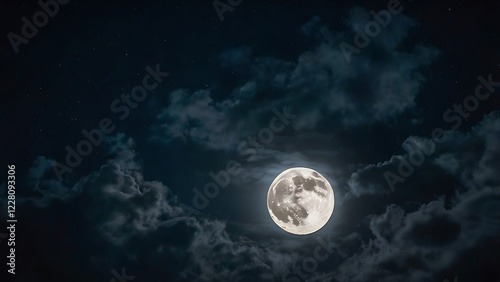 A Luminous Full Moon Shining Brightly in the Night Sky, Surrounded by Twinkling Stars and Drifting Clouds, Creating a Serene and Mystical Atmosphere – AI-generated