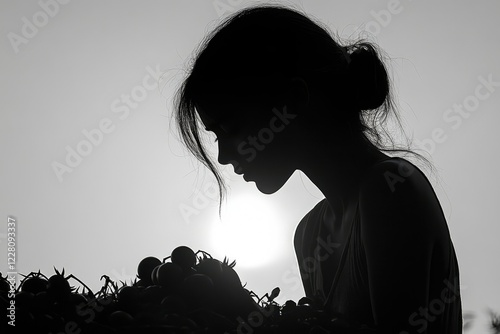 Silhouette of a woman looking down at a pile of tomatoes, backlit by the sun.