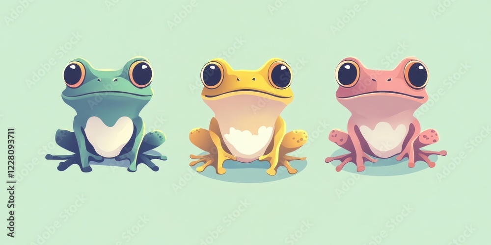 Three happy frog characters, each with a different color and style. Three happy frog characters, each with a different color and style.