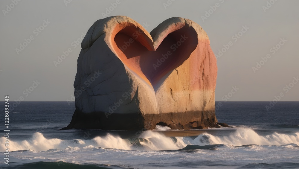 Fototapeta premium natural rock sculpture with heart in desaturated rainbow hues and foamy ocean spray for use in equality and adventure themes