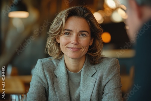 Confident businesswoman smiles warmly during a meeting, showcasing professionalism and approachability.