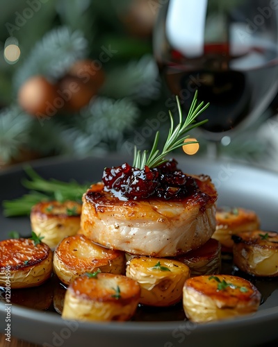Fototapeta Naklejka Na Ścianę i Meble -  Gourmet pork medallion with caramelized onion jam served on roasted potato rounds, garnished with fresh rosemary sprig. Perfect for restaurant menu, food photography, or culinary advertising.