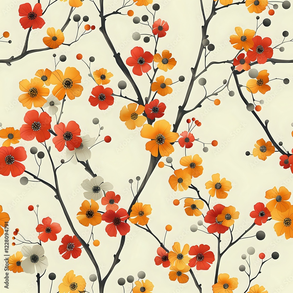 Elegant floral pattern with red and orange cherry blossoms on delicate black branches against cream background, perfect for fabric, wallpaper and surface design projects. Elegant floral pattern with red and orange cherry blossoms on delicate black branches against cream background, perfect for fabric, wallpaper and surface design projects.