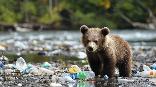 Grizzly Bear Cub Amidst Plastic Pollution Riverbank Environmental Disaster Wildlife Conservation Urgent Action Needed Protecting Endangered Species Brown Bear Cub Pollution Crisis Save Help Hope Waste