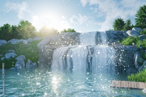 Serene waterfall cascading into a crystal-clear pool, surrounded by lush greenery under a bright sky.