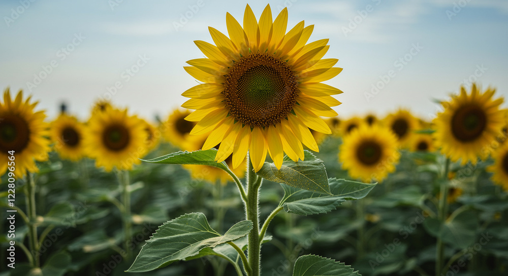 Sunflower field with many sunflowers in bloom. Sunflower blossom in a field with blue sky Sunflower field with many sunflowers in bloom. Sunflower blossom in a field with blue sky