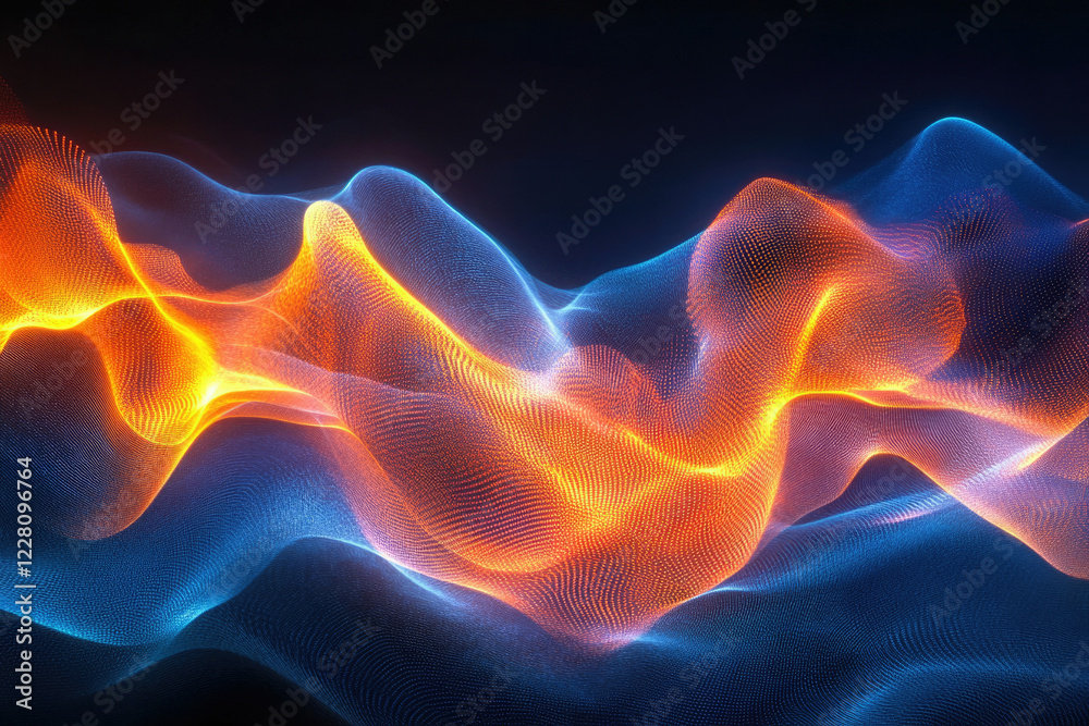 Fototapeta premium Abstract digital art depicting flowing, luminous waves of blue and orange particles.