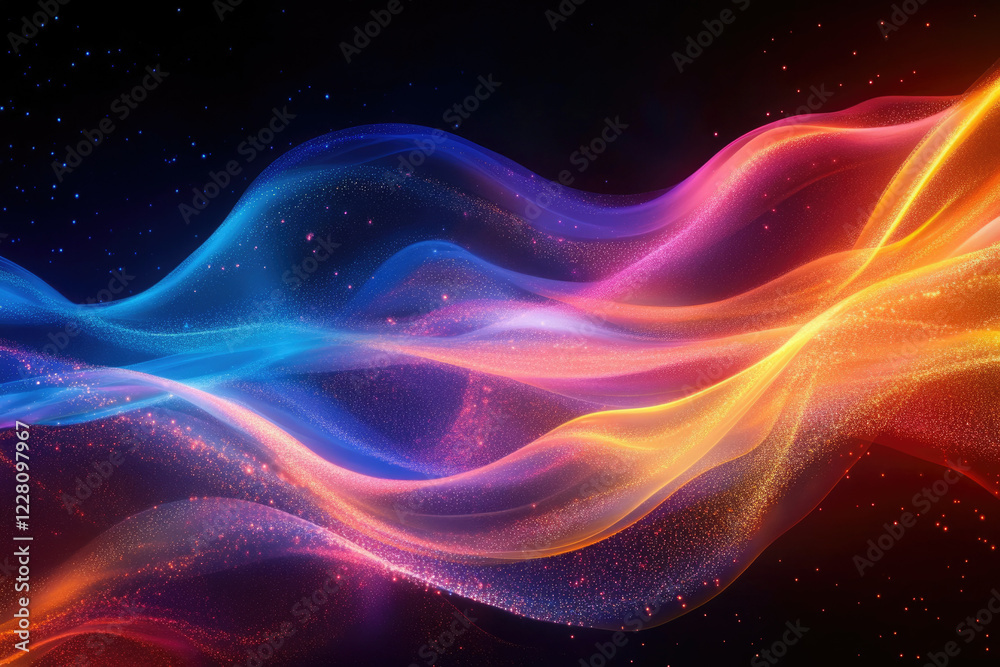 Obraz premium Abstract cosmic waves of vibrant colors and shimmering particles against a dark background.