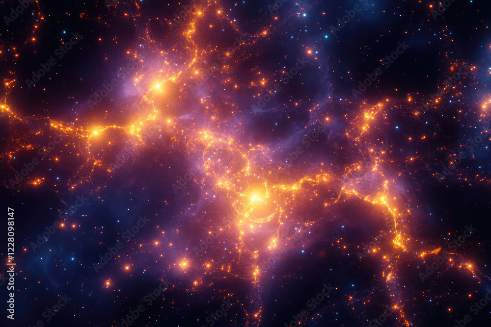 Fototapeta premium A vibrant nebula, glowing with orange and purple hues, filled with bright stars and cosmic dust.