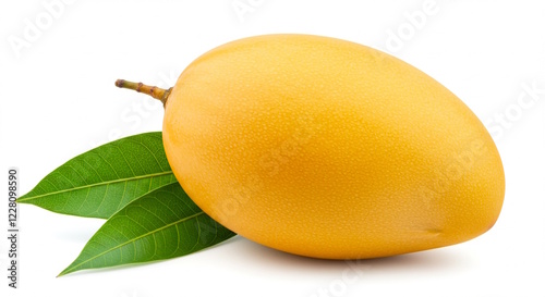 fresh indian organic ripe yellow mango fruit with leaves closeup isolated, known in india various name as totapuri, kesar, amrapali or alphonso mango, white background with copy space  photo