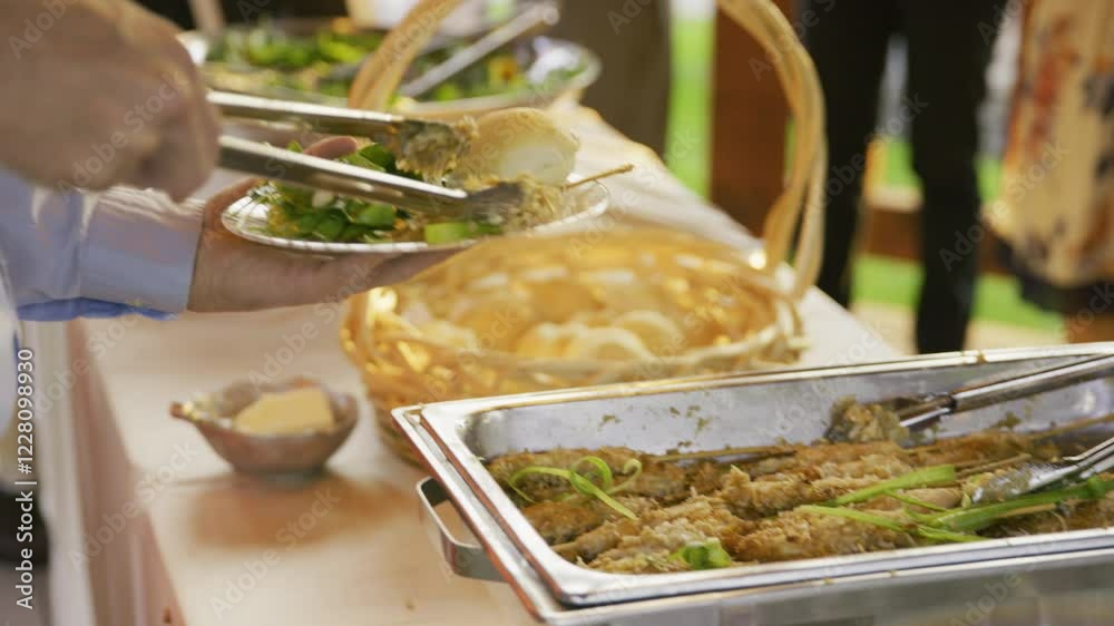 People at wedding reception putting food on their plate, closeup in slow motion