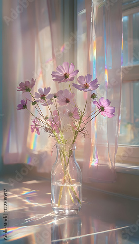 flowers in a vase, Elegant Cosmos Flowers In A Glass Vase Illuminated By Sunlight