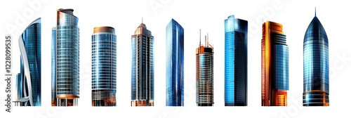 A vector illustration set of glass skyscraper isolated on white background