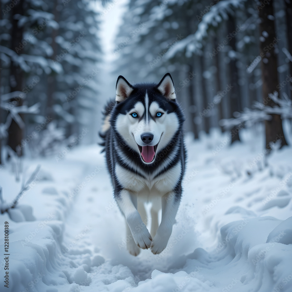 siberian husky in snow.Playful Husky Running Through Snowy Forest.A captivating image of a black and white Husky dog running joyfully through a snowy forest path. siberian husky in snow.Playful Husky Running Through Snowy Forest.A captivating image of a black and white Husky dog running joyfully through a snowy forest path.