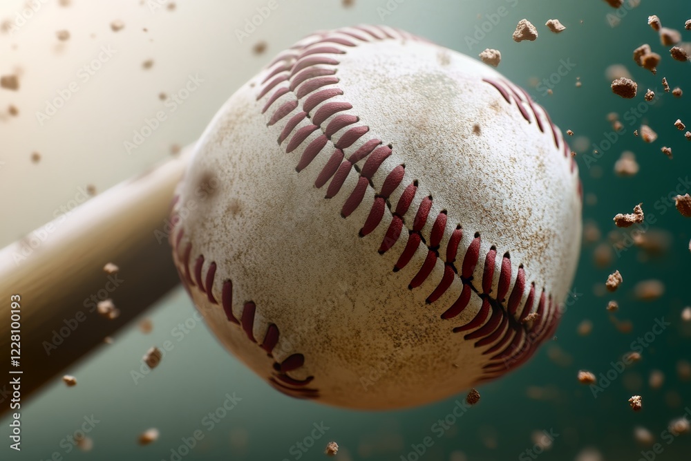 Close up at a baseball hit by the bat in a stadium. Close up at a baseball hit by the bat in a stadium.