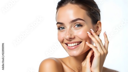 Young smiling woman touching her glowing face on white background, Skincare beauty, copy space
