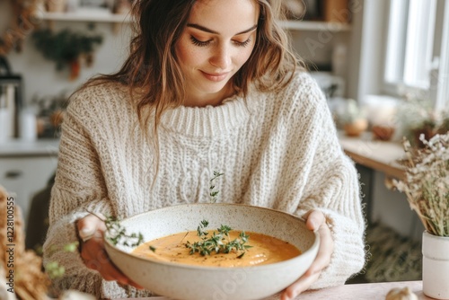 Woman in a cozy sweater gently holds a bowl of delicious, creamy orange soup, garnished with fresh thyme. photo