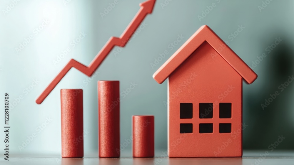 Visual representation of real estate growth with a red house and rising graph bars, symbolizing economic progress. Visual representation of real estate growth with a red house and rising graph bars, symbolizing economic progress.