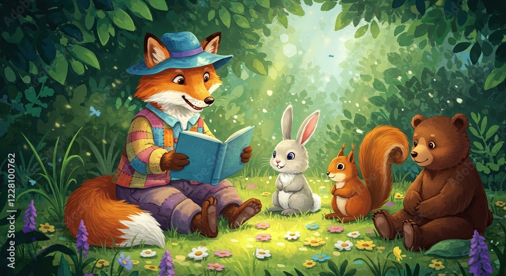 Fototapeta premium Story Time in the Forest Whimsical Illustration of Fox Reading to Animals.