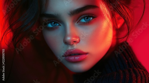Intense portrait of a woman with blue eyes and red neon lighting