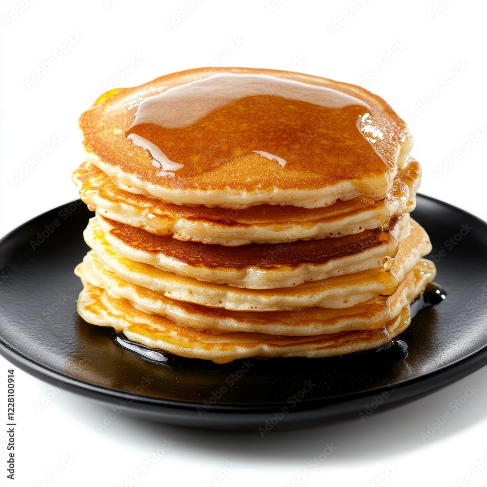 Stack of golden pancakes on a sleek black plate, minimalist white backdrop, inviting breakfast scene, delicious and appetizing presentation Stack of golden pancakes on a sleek black plate, minimalist white backdrop, inviting breakfast scene, delicious and appetizing presentation