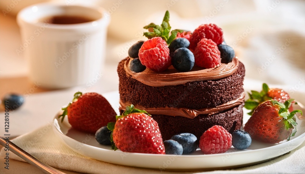 A decadent chocolate cake with rich frosting and fresh berries, beautifully presented on a white ceramic plate. A decadent chocolate cake with rich frosting and fresh berries, beautifully presented on a white ceramic plate.