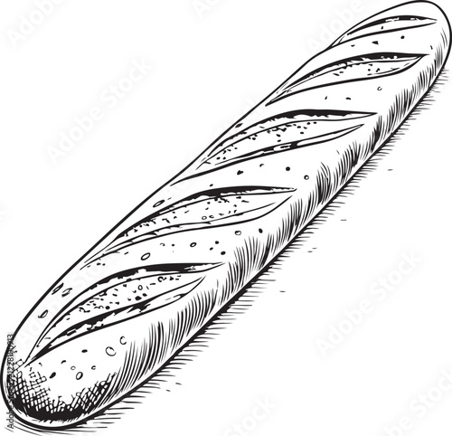 French Baguette Wheat Bread Linear Sketch Drawing Hand Drawn Black and White Engraving Vector Illustration Isolated on White Background
