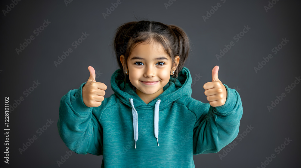 Smiling girl showing thumbs up on gray background Smiling girl showing thumbs up on gray background