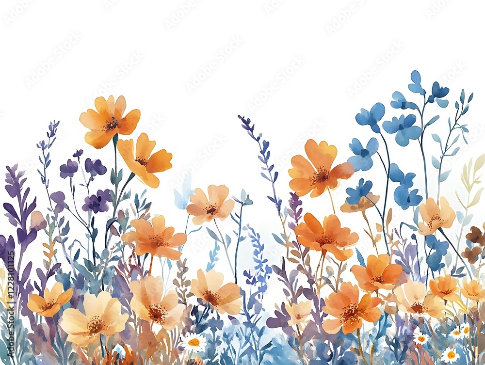 Fototapeta premium Wildflower Watercolor Border: A delicate watercolor painting of a vibrant wildflower border, featuring delicate orange blossoms and a mix of blue and purple foliage.