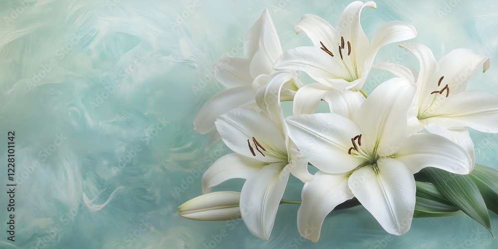 Fototapeta premium White lilies on soft pastel background. Copy space