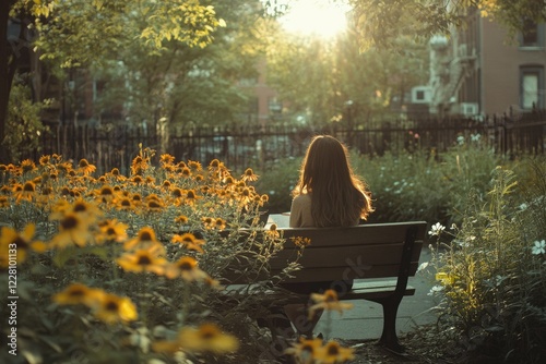 A woman sits on a park bench, surrounded by sunflowers, enjoying the golden hour sunlight.