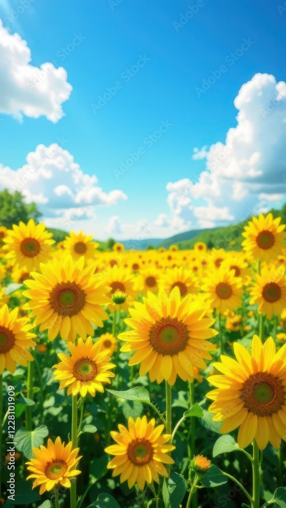 Fototapeta premium landscape field of sunflower agriculture blue sky background with white cloud, summer nature, farming, autumn harvesting, Ukraine 