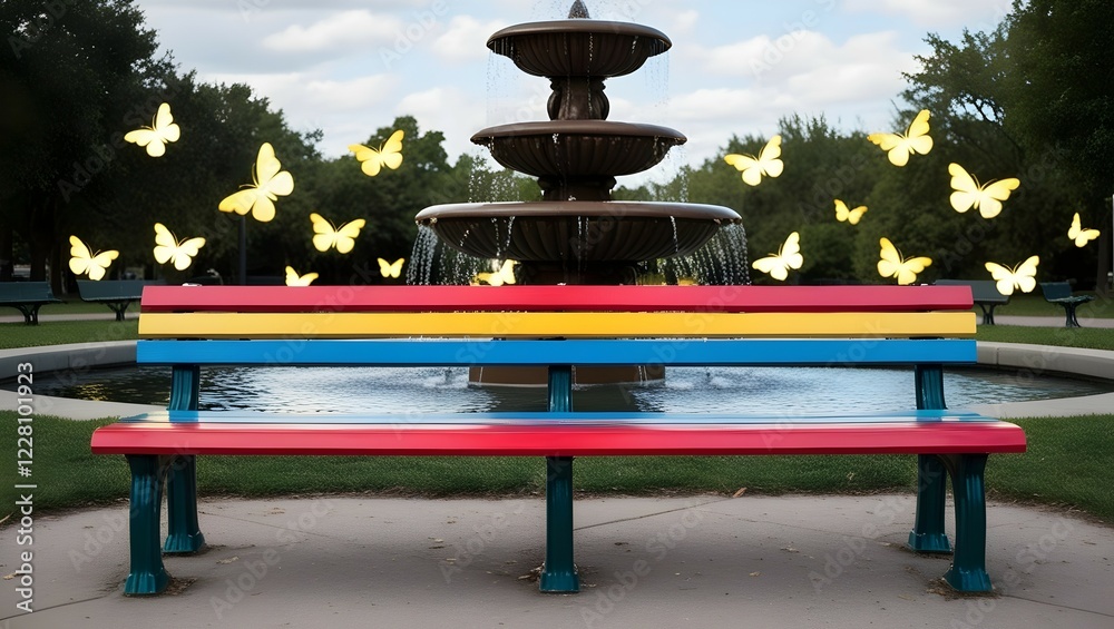 Obraz premium vibrant park bench in lgbt colors with glowing butterflies around a fountain for use in diversity and inclusivity themes