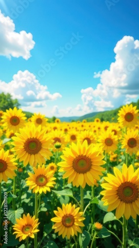 landscape field of sunflower agriculture blue sky background with white cloud, summer nature, farming, autumn harvesting, Ukraine 