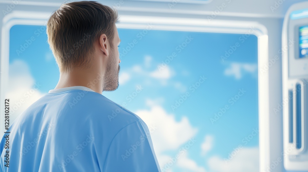 Fototapeta premium Man in Blue Shirt Looking Out Window at Bright Cloudy Sky
