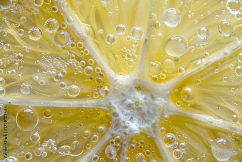 Close up of a lemon slice immersed in water, creating a refreshing visual with numerous bubbles