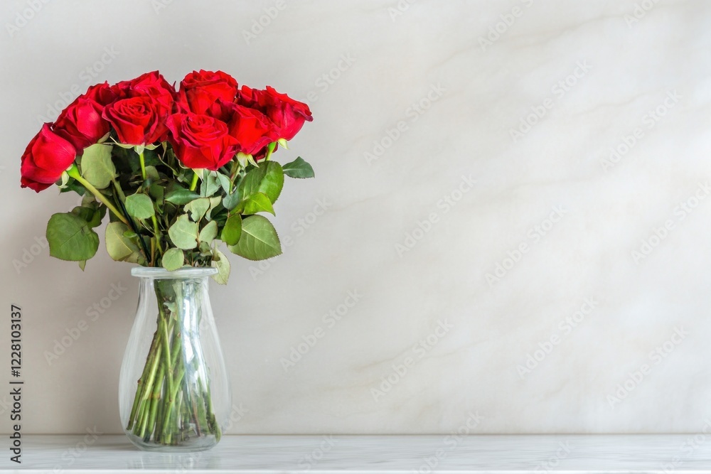 Obraz premium Fresh red roses arranged elegantly in a glass vase on a smooth marble surface. Banner with copy space