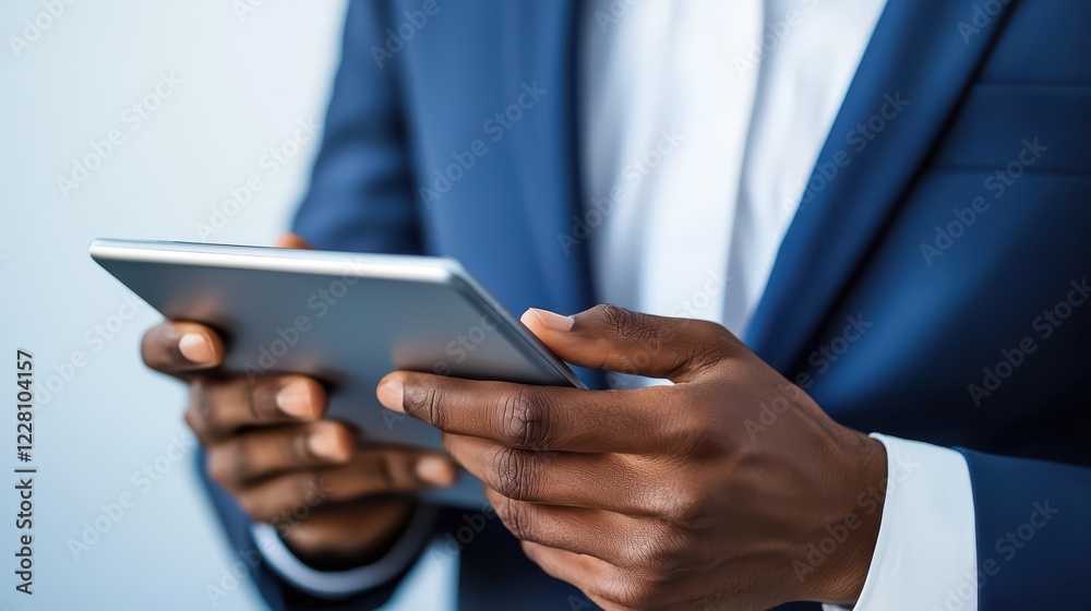 Professional Man Using Tablet with Blue Suit in Modern Office Setting Professional Man Using Tablet with Blue Suit in Modern Office Setting