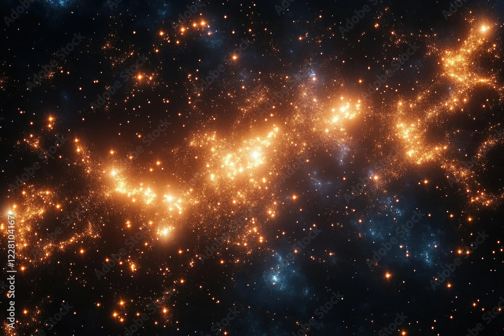 Fototapeta premium A vibrant nebula bursts with golden light and scattered stars, a cosmic spectacle of celestial beauty.