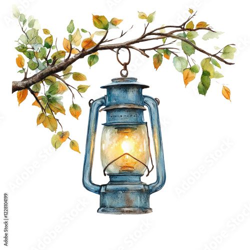 Vintage Lantern Hanging on Branch with Leaves Isolated on Background photo