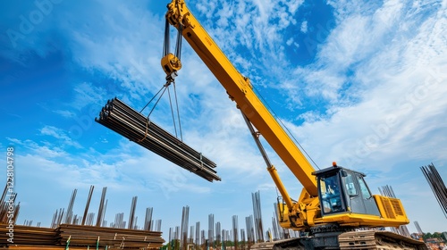 Wallpaper Mural Yellow Crane Lifting Steel Beams on Construction Site Under Blue Sky Torontodigital.ca