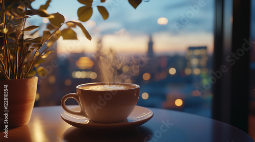 Steaming cup of coffee on a wooden table with a cozy indoor plant and blurred cityscape at dusk in the background, concept of relaxation and urban lifestyle for cafes and interior design photo