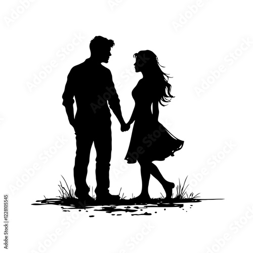 Silhouette of a couple holding hands, standing on grass, white background. Concept of love, romance, and connection. Valentine's day, wedding illustration.