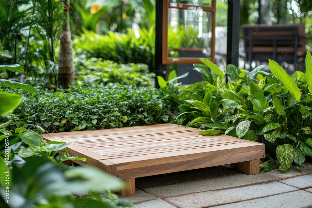 A wooden platform sits quietly surrounded by vibrant green plants in a peaceful garden A wooden platform sits quietly surrounded by vibrant green plants in a peaceful garden