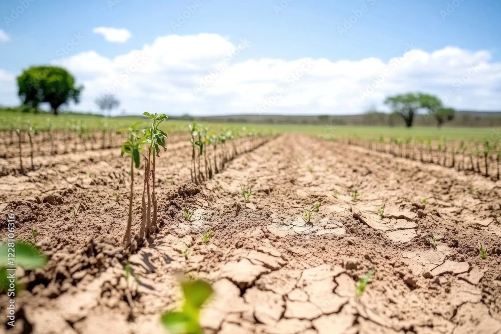 Rows of young plants emerge from dry, cracked earth in a sunny rural landscape Rows of young plants emerge from dry, cracked earth in a sunny rural landscape