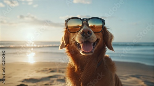 Smiling Golden Retriever in Funky Glasses on a Sunny Beach